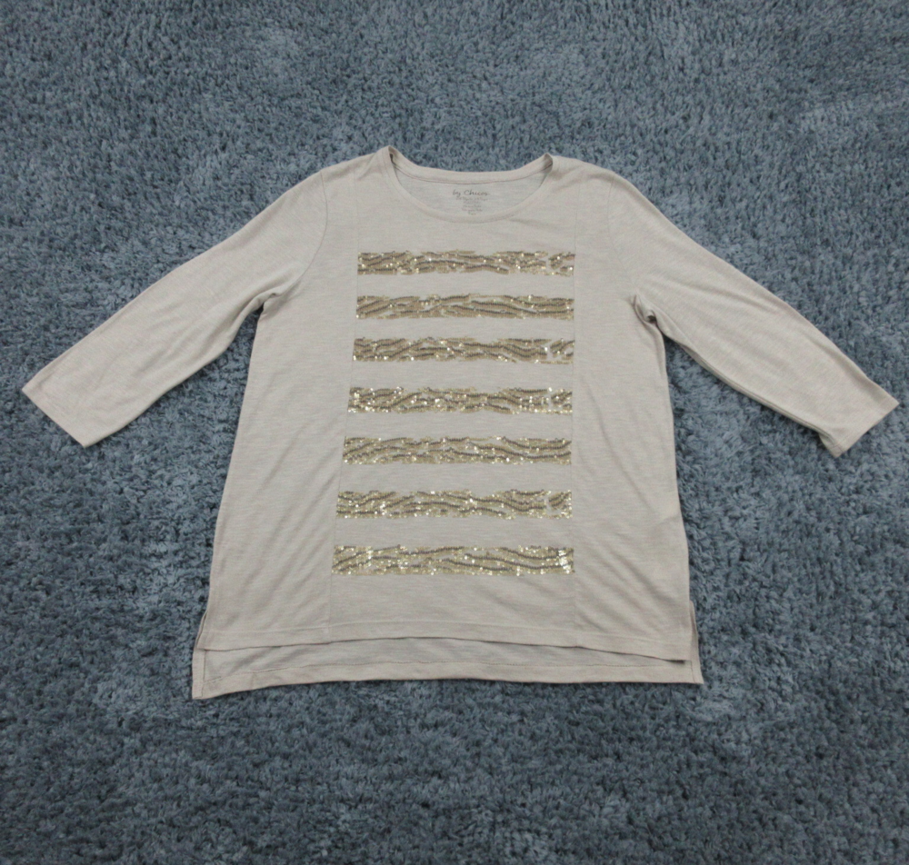 Chicos Shirt Womens 2 Beige Sequined Long Sleeve Pullover